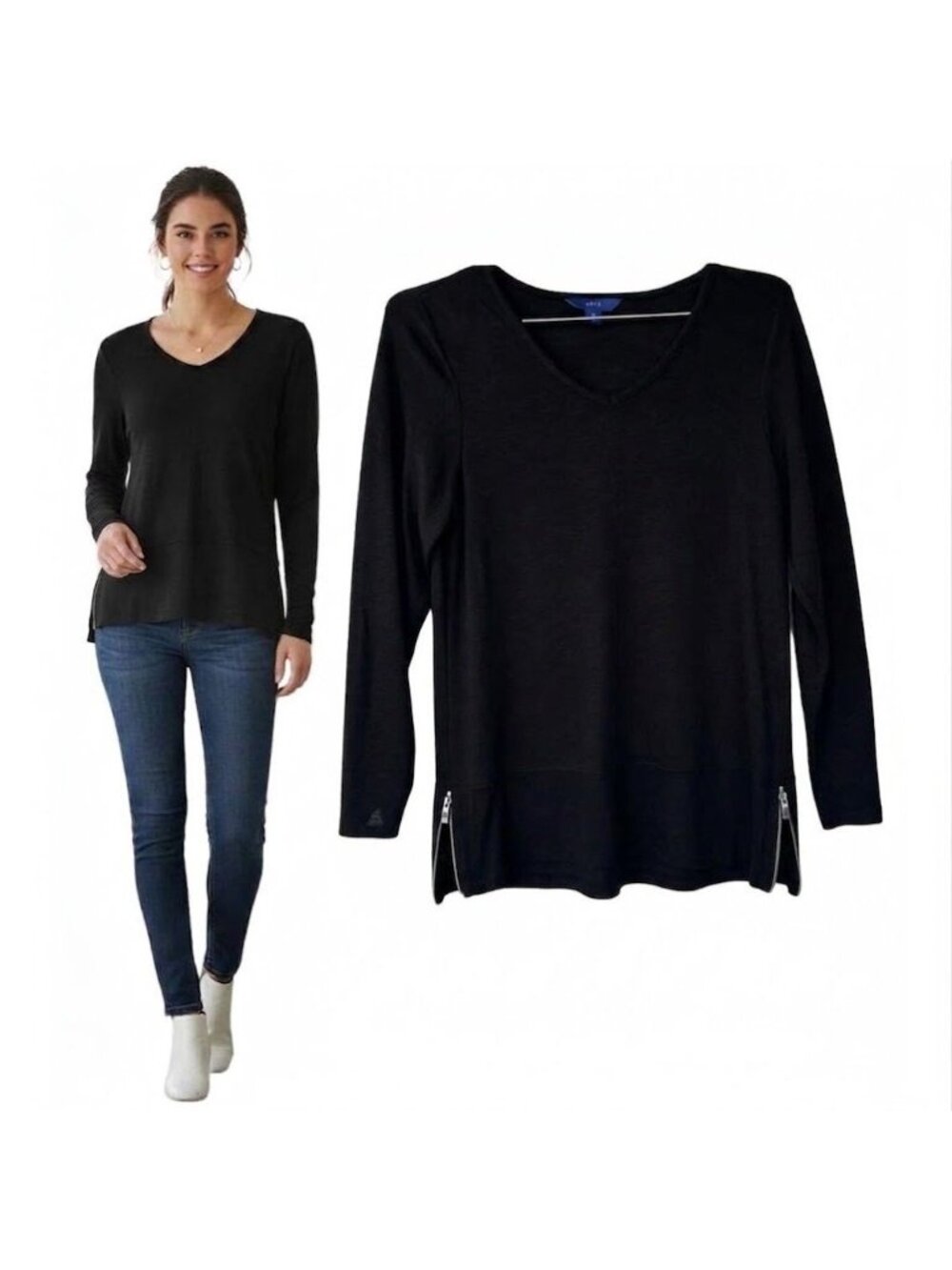 Women Knit Top APT 9 Sz XS Black Ruched Long Sleeve V-neck Shirt zip detail New
